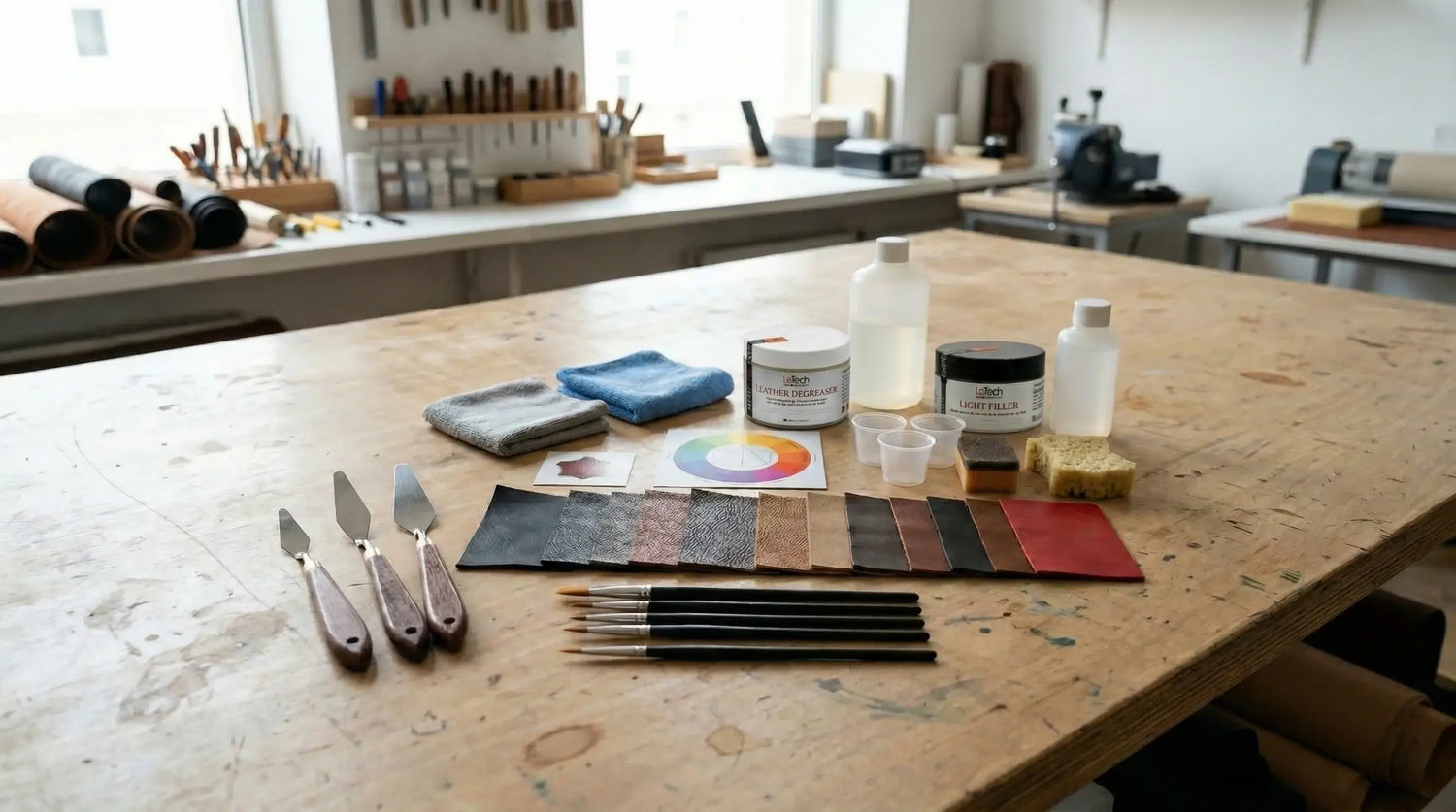 Workbench with painting supplies including brushes, leather color swatches, and containers in a workshop setting. LeTech leather repair