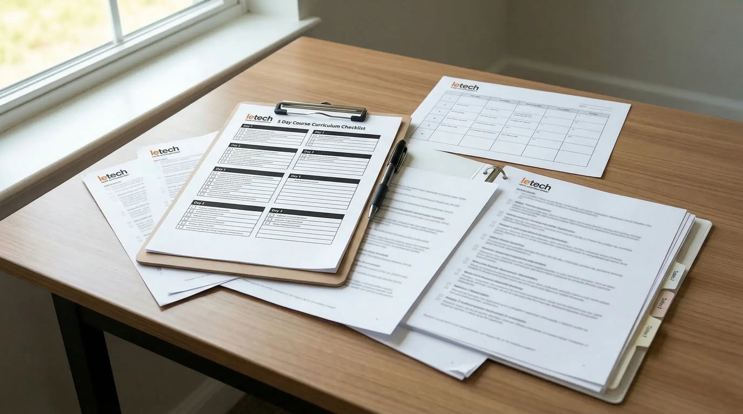 Documents on a wooden desk with a window in the background. LeTech leather repair