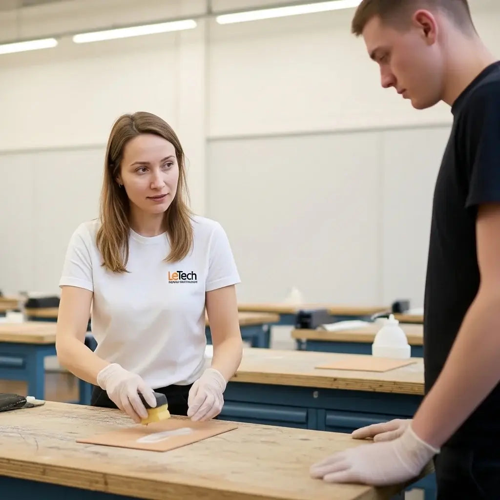 Two people working together in a workshop setting, one wearing a white shirt with a letech logo.