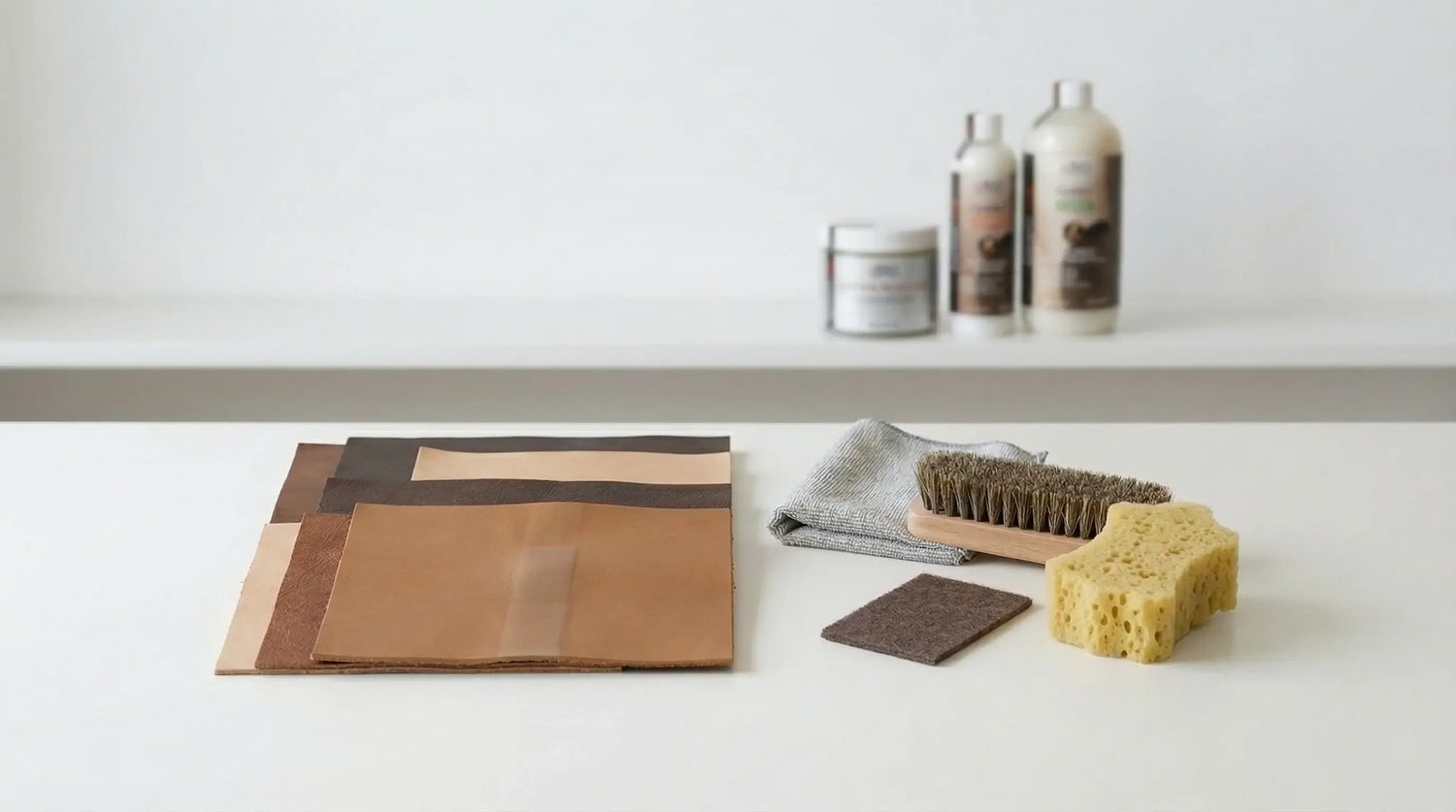 Cleaning supplies including a brown paper bag, brush, sponge, and bottles on a white surface. LeTech leather repair
