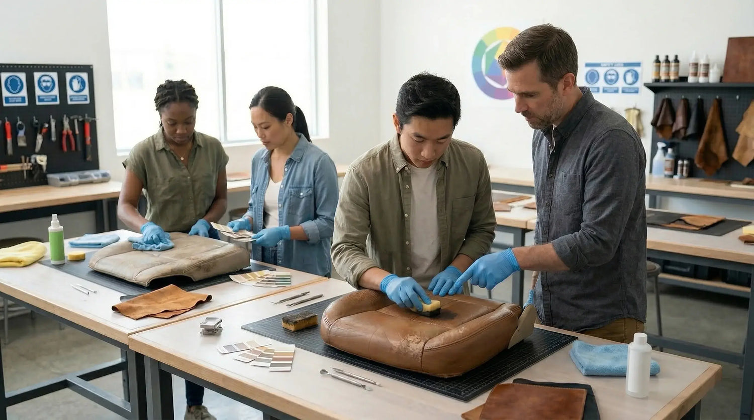 Four people working on leather projects in a workshop setting. LeTech leather repair classes