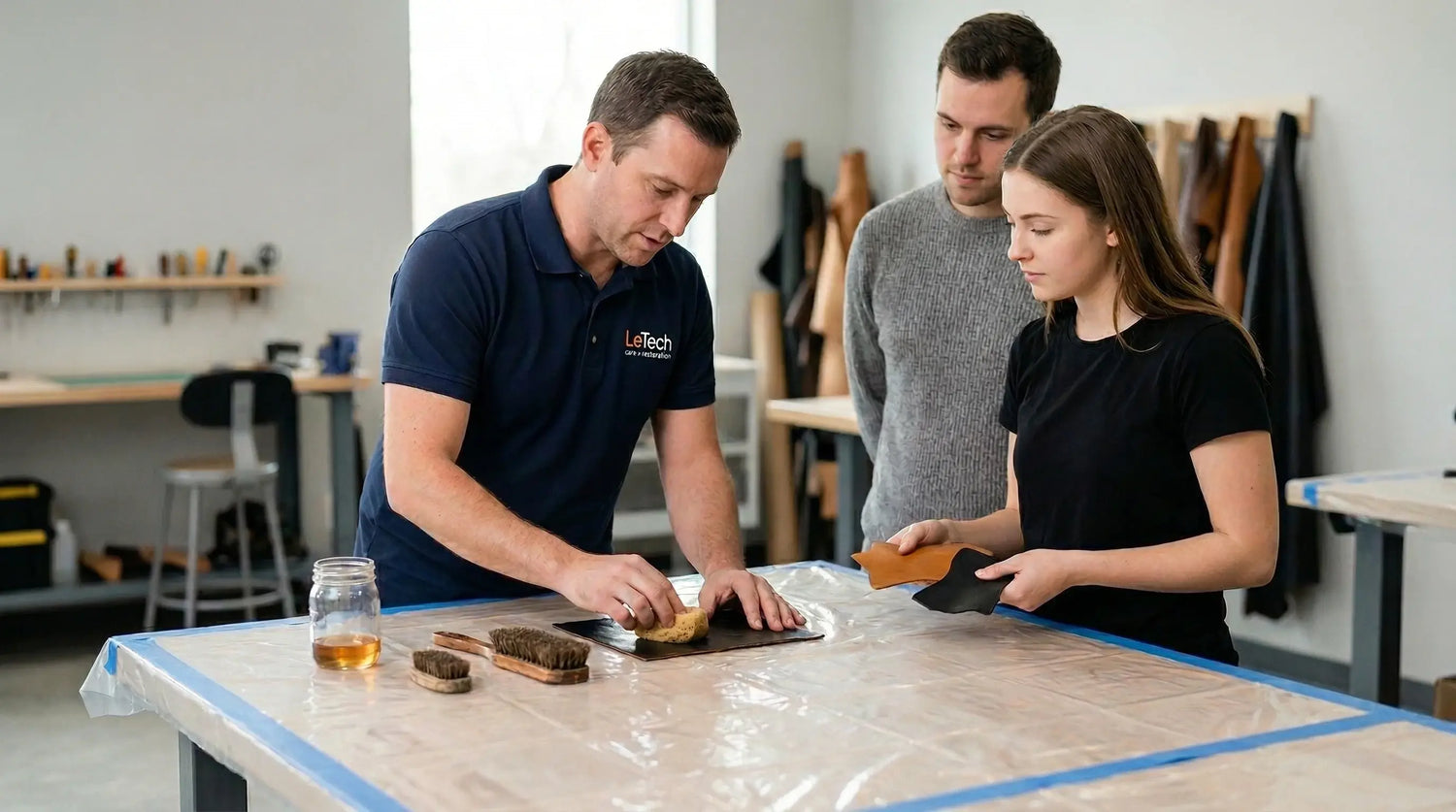 Three people working together on a project in a workshop setting. LeTech leather repair