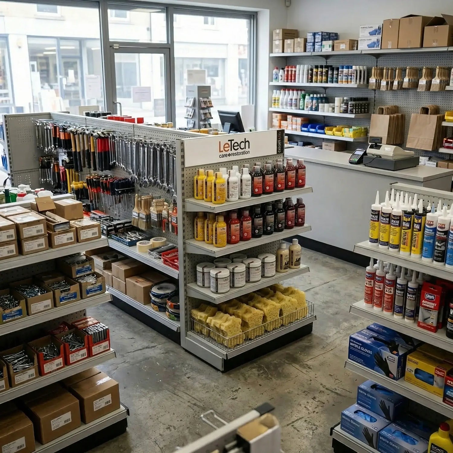 LeTech automotive parts store with shelves stocked with tools and products. Leather repair products wholesale
