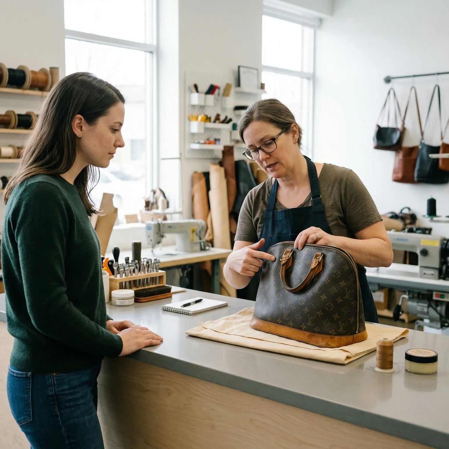 Two women in a workshop examining a handbag. Louis Vuitton handbag repair