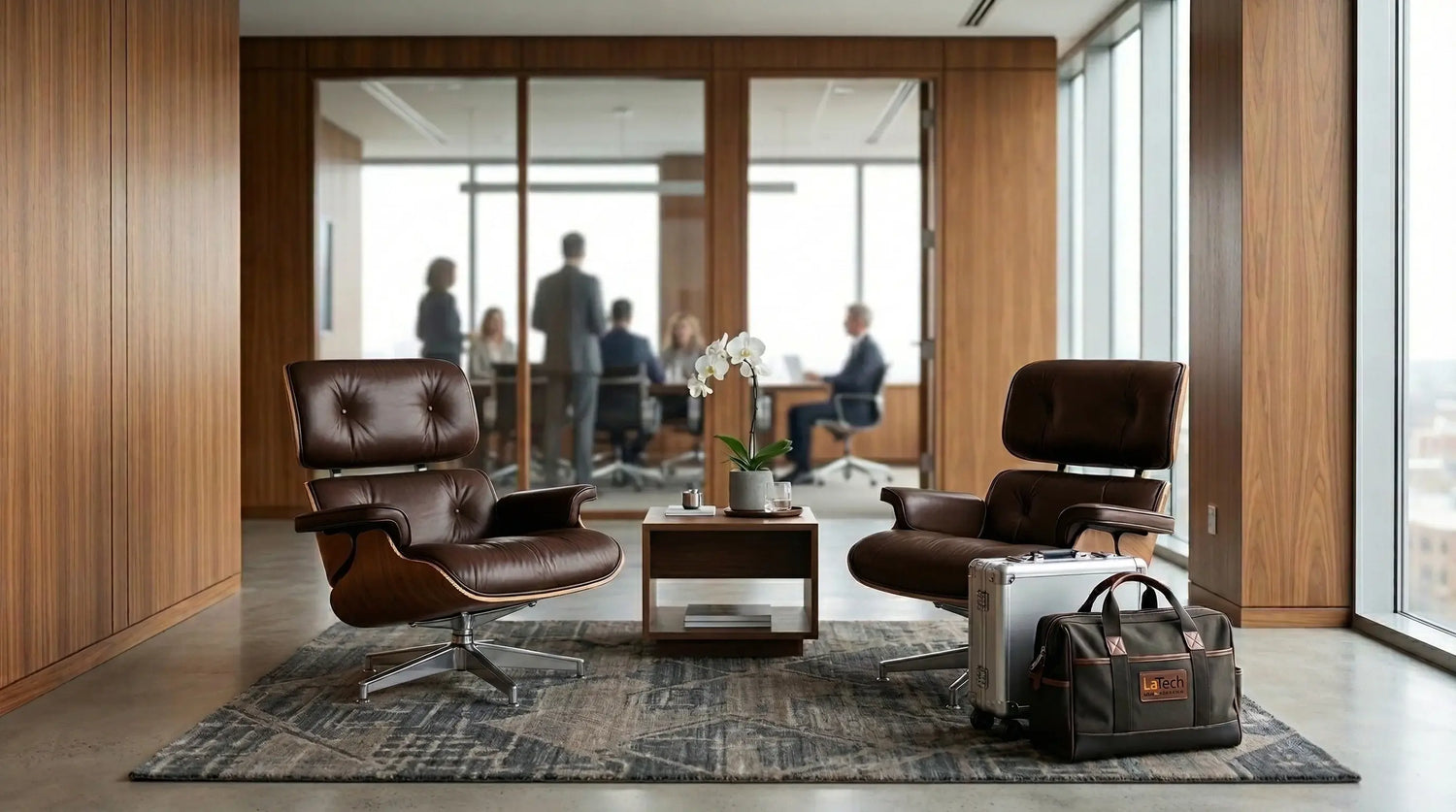 Modern office interior with brown leather chairs and a rug. LeTech leather repair