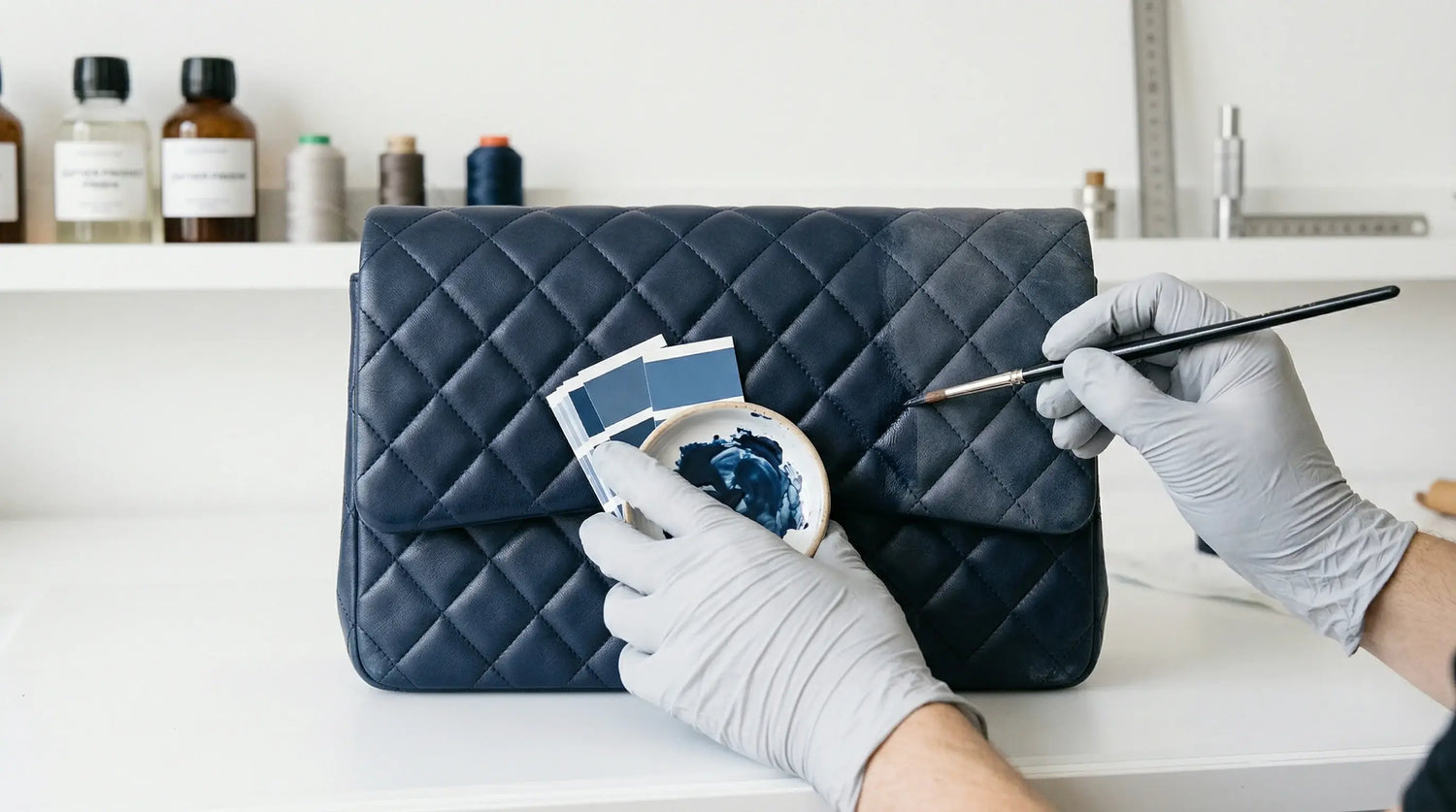 Person cleaning a blue quilted handbag with a brush and cloth on a white .surface. LeTech leather repair of chanel handbag