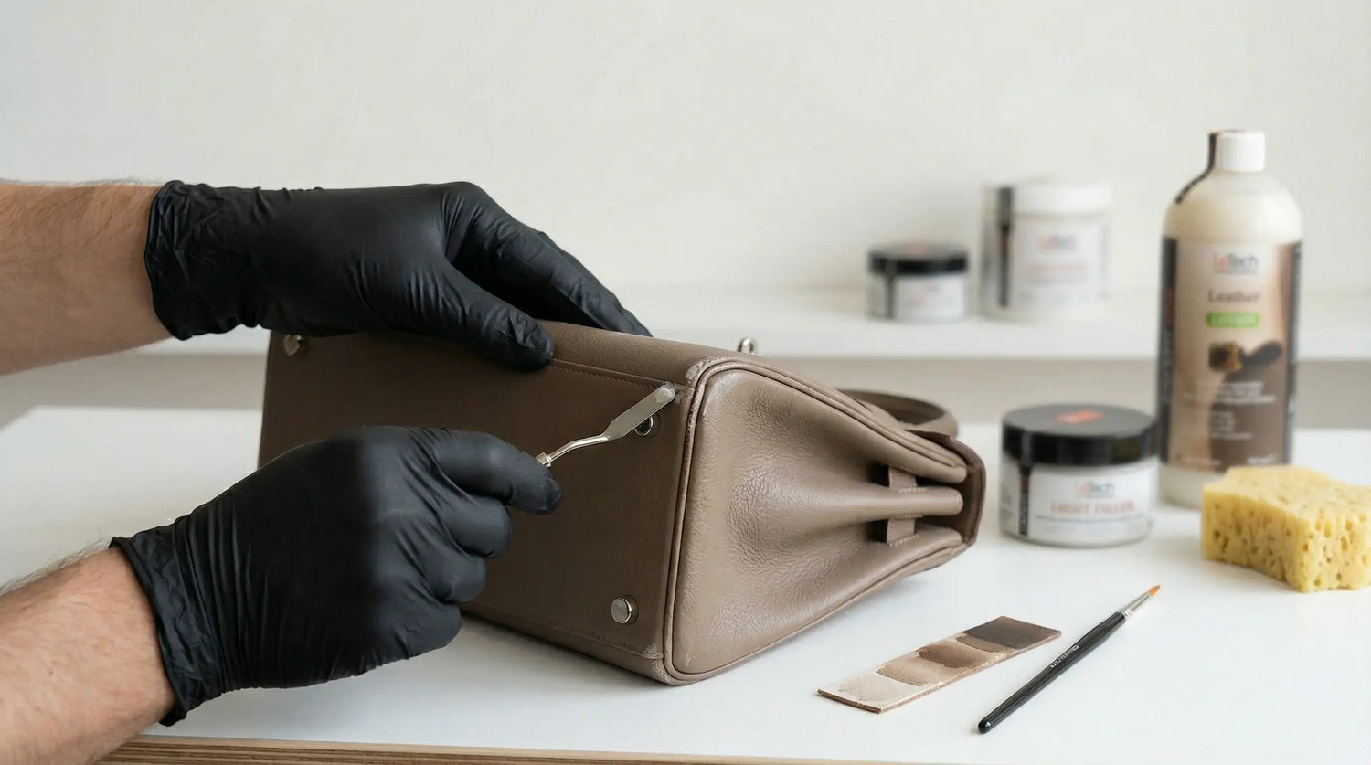 Person wearing black gloves cleaning a beige leather bag with various care products on a white surface. LeTech leather repair