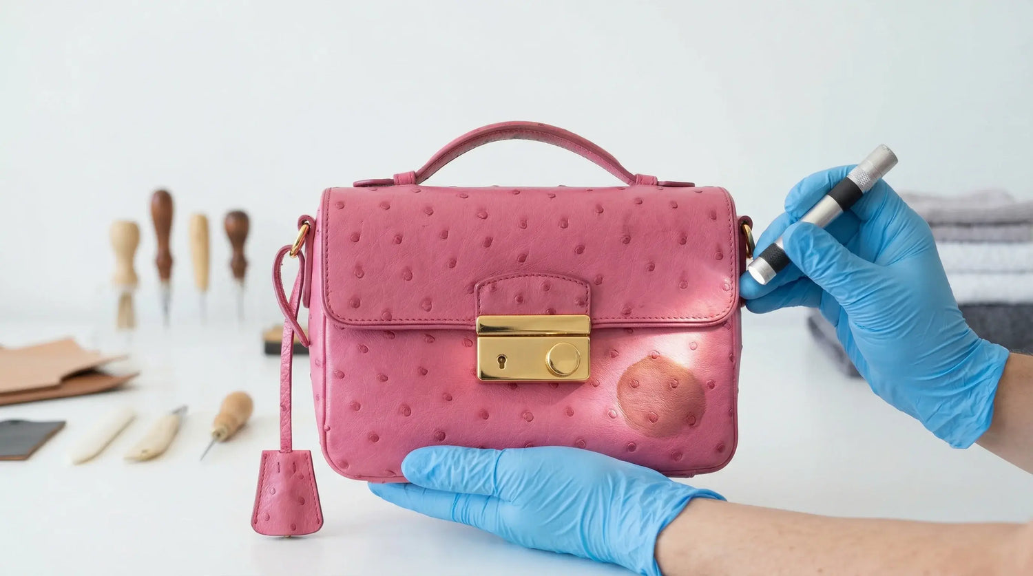 Pink ostrich leather handbag with gold clasp held by a person wearing blue gloves on a light background. LeTech leather repair