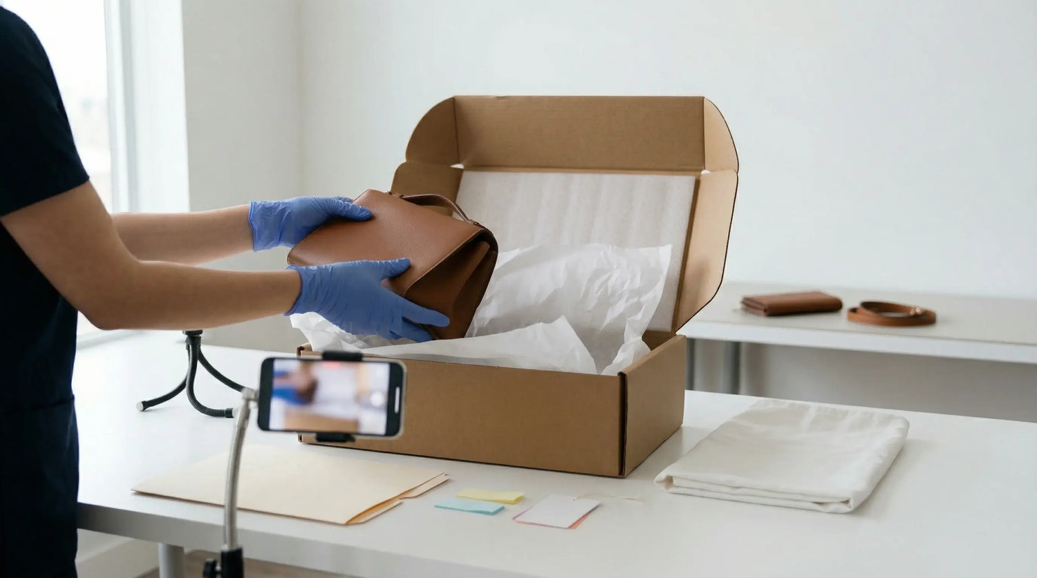 Person packing a brown leather handbag into a cardboard box with tissue paper on a white table. LeTech leather repair