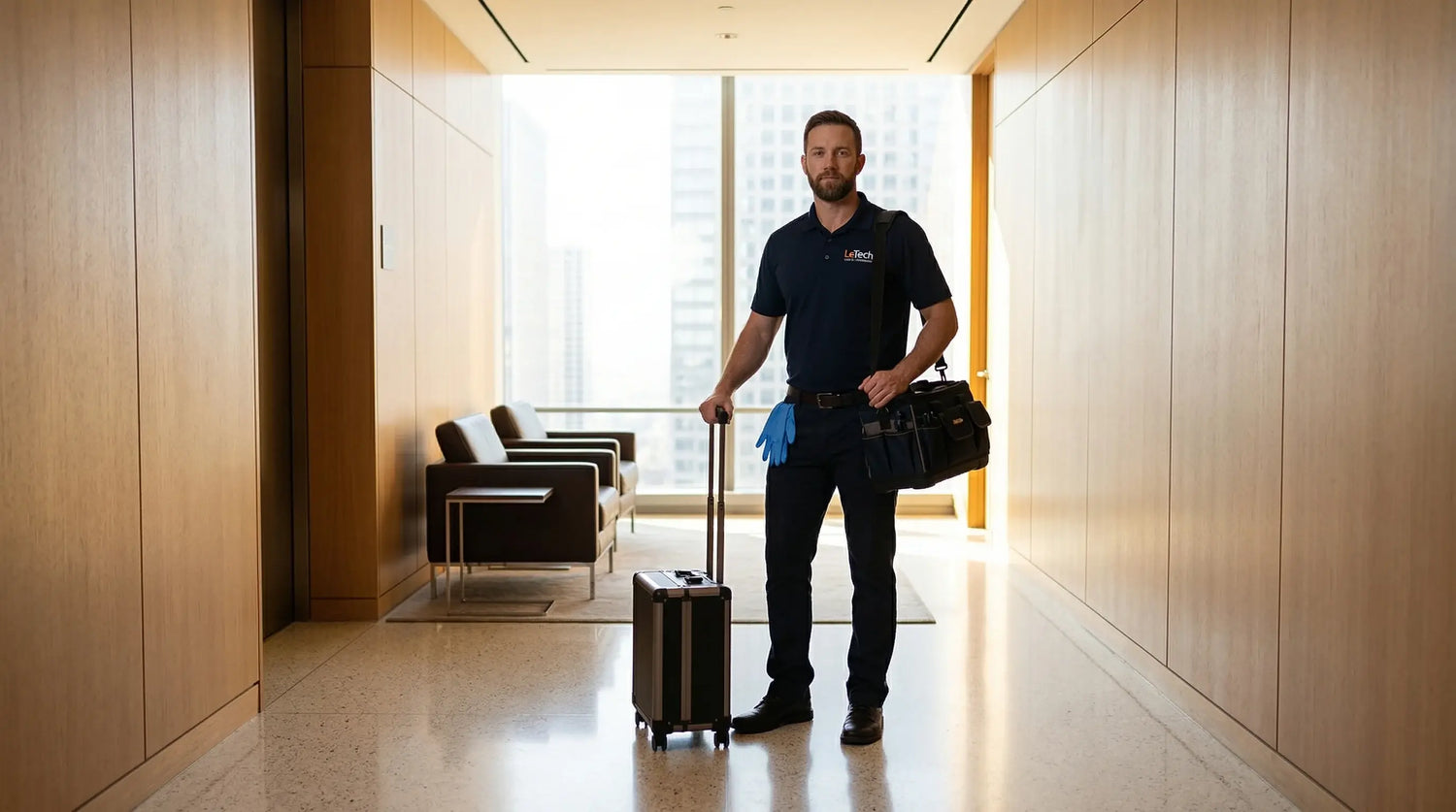 Man in a professional uniform holding a suitcase in a modern hallway. LeTech leather repair