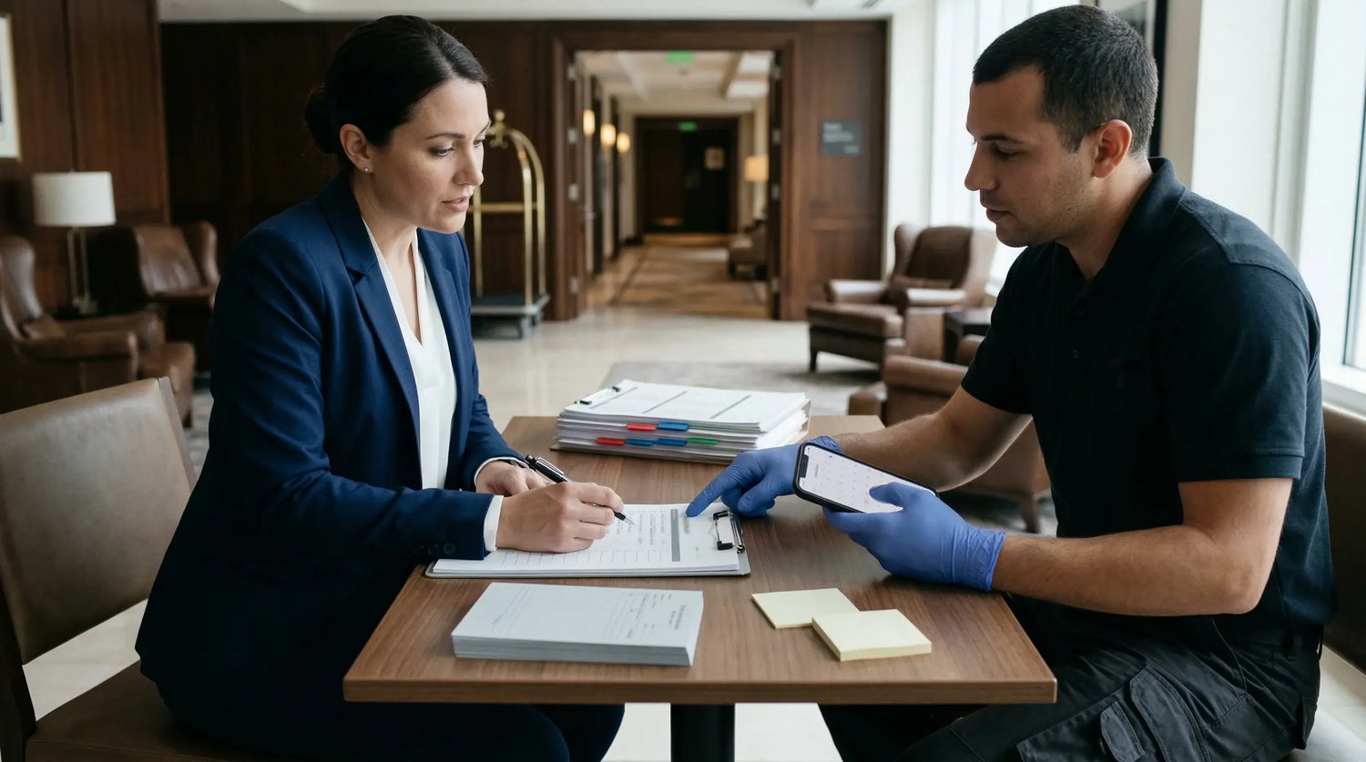 Two people at a desk in a hotel lobby, one signing a document. LeTech leather repair