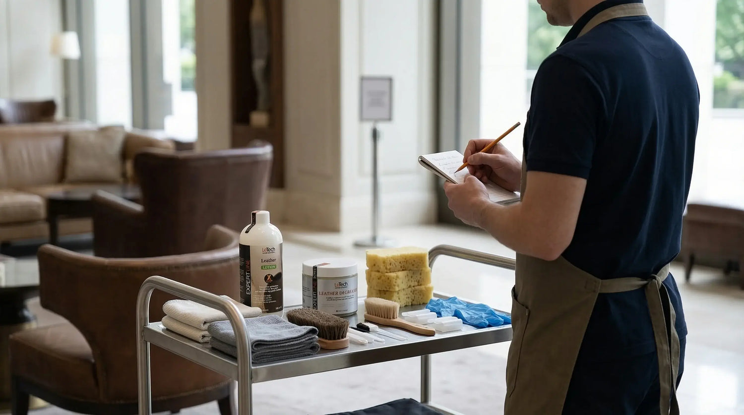 Person in a blue shirt and apron with cleaning supplies in a room. LeTech leather repair