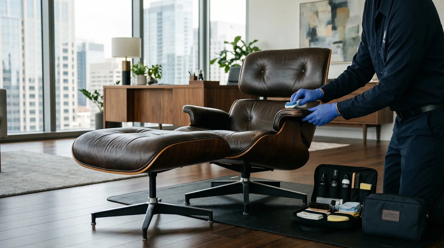 Person cleaning a brown leather chair and ottoman in a modern office setting. LeTech leather repair