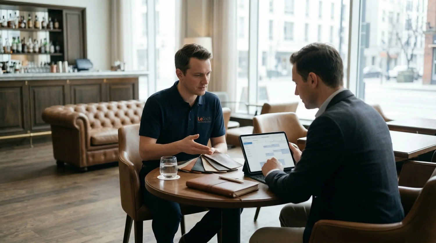 Two men sitting at a table in a modern cafe, one using a laptop. LeTech leather repair