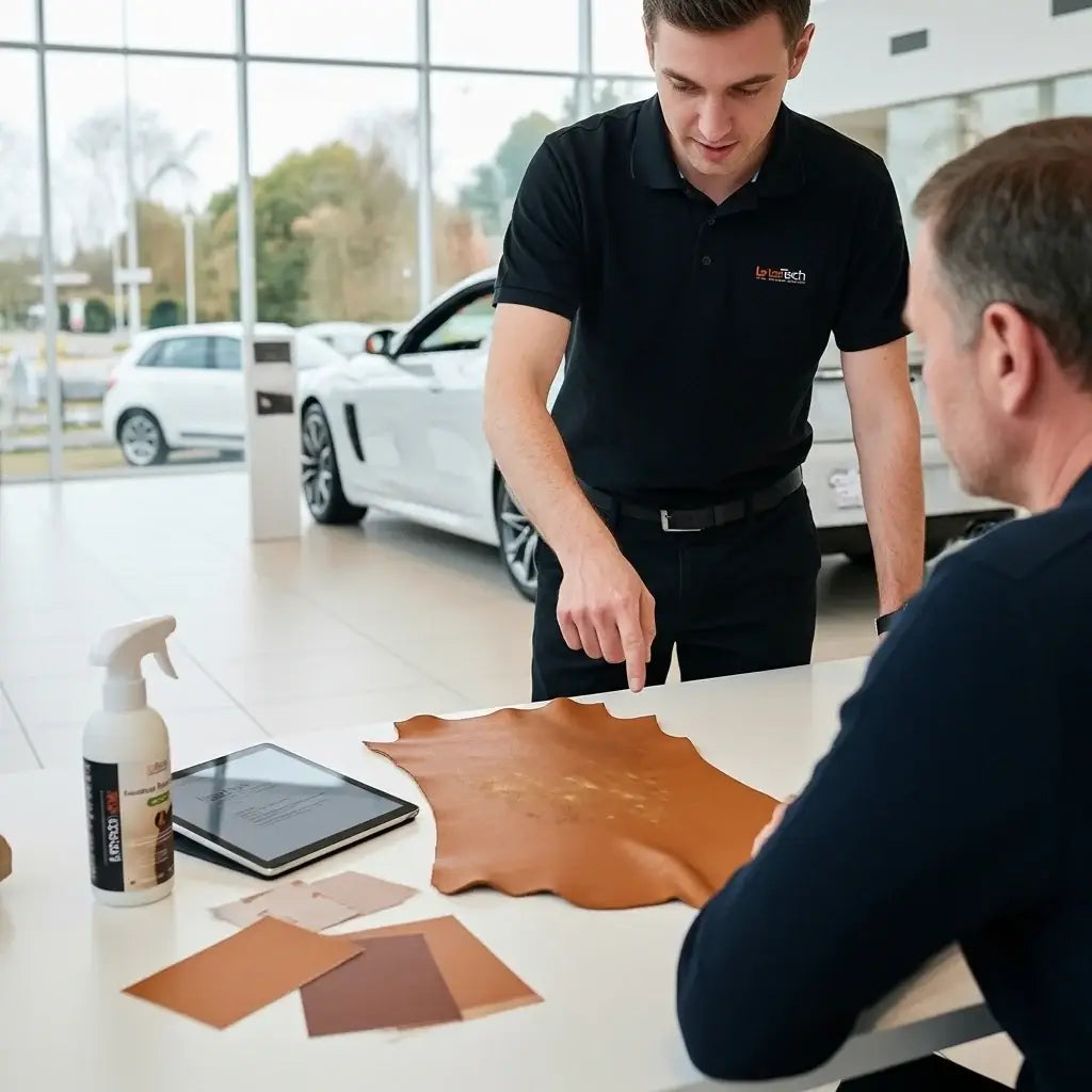 Two men in a car dealership discussing leather samples on a table. LeTech leather repair