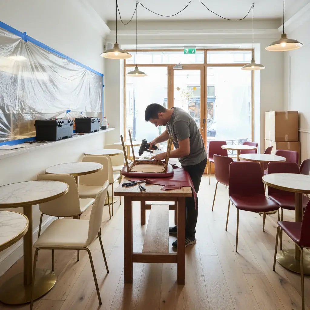 Person working on a table in a modern cafe with large windows and wooden flooring. LeTech leather repair services