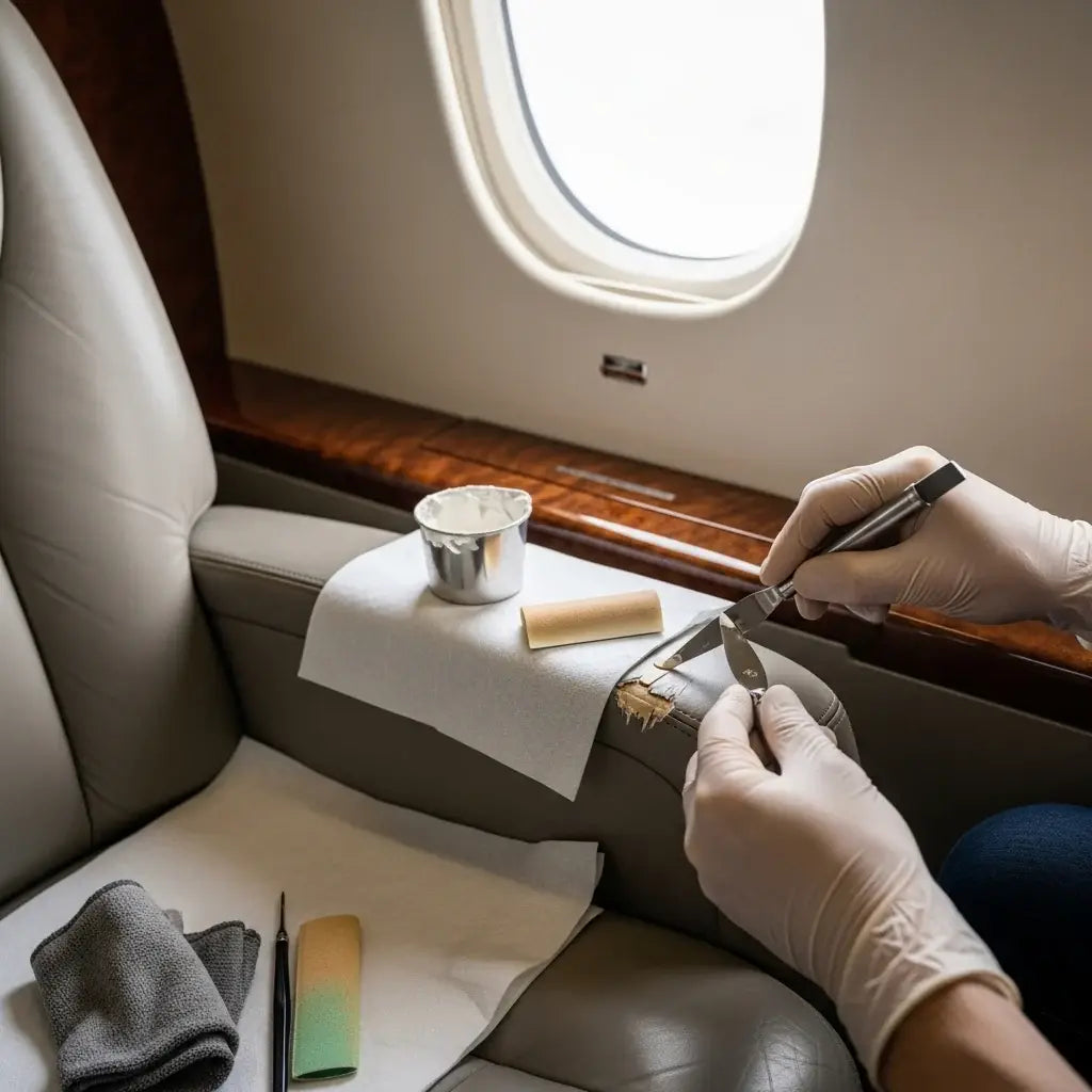 Person in white gloves working on a small object in an airplane seat. LeTech leather repair system