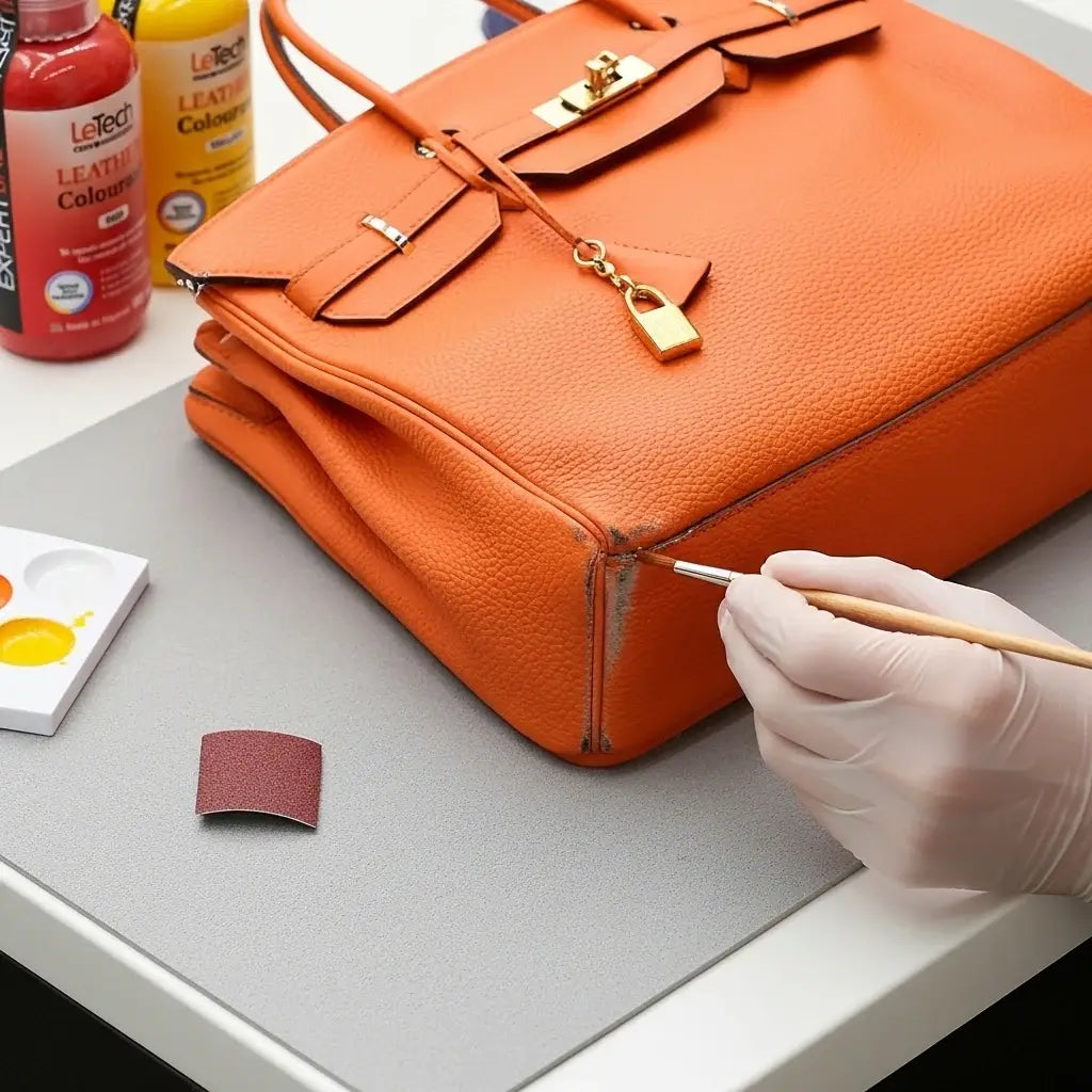 Orange leather hermes handbag being repaired with a paintbrush and leather conditioner on a table. LeTech leather repair