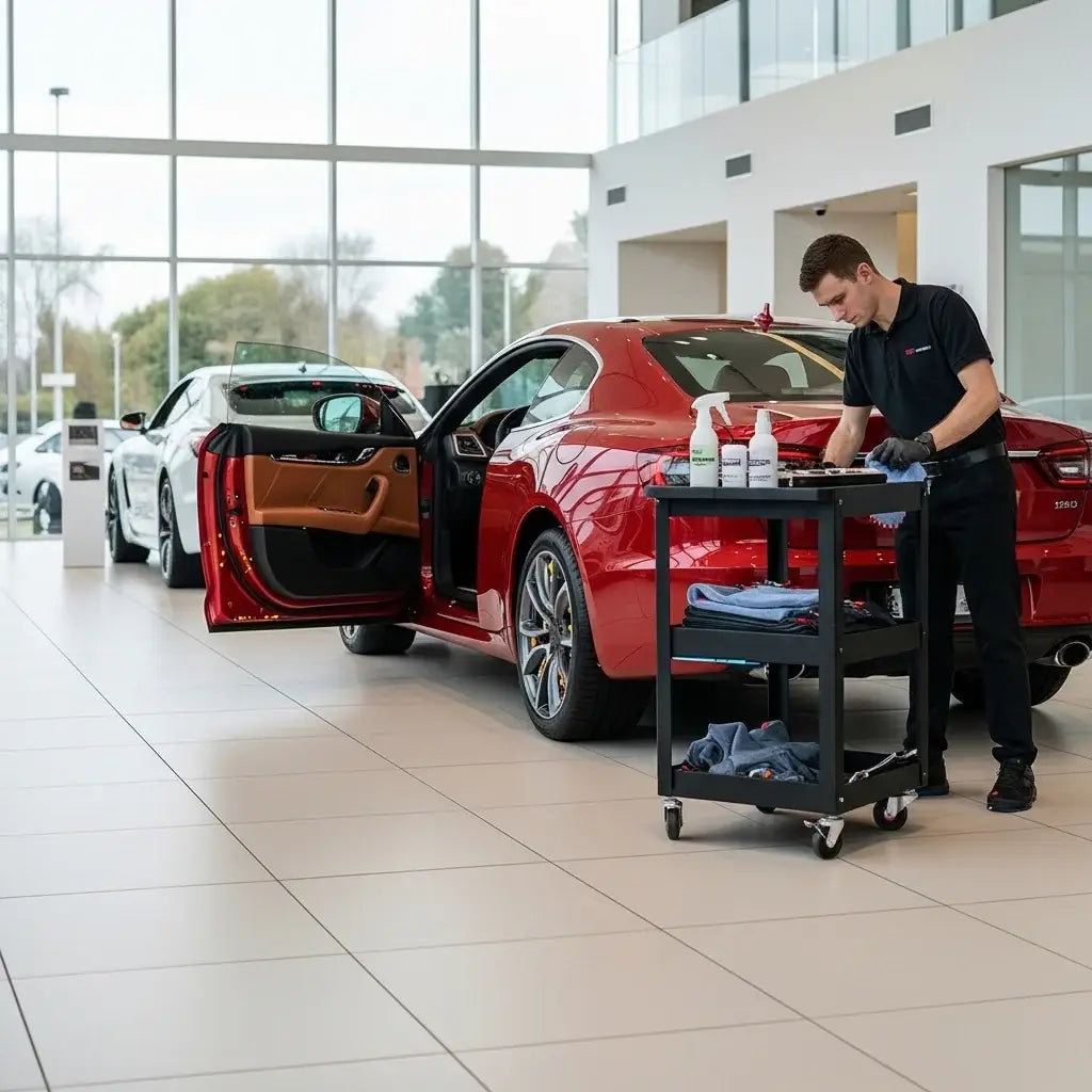 Person working on a red car in a showroom with tools and cleaning supplies. LeTech leather repair