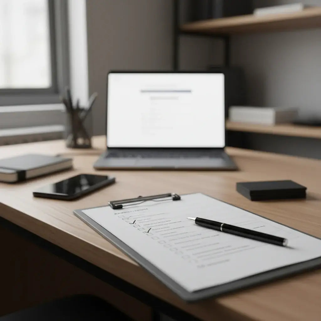 Workspace with laptop, phone, notebook, and pen on a wooden desk. LeTech leather repair
