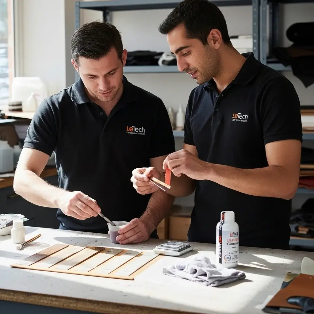 Two men in Letech shirts working on a project at a table with various items. LeTech leather repair