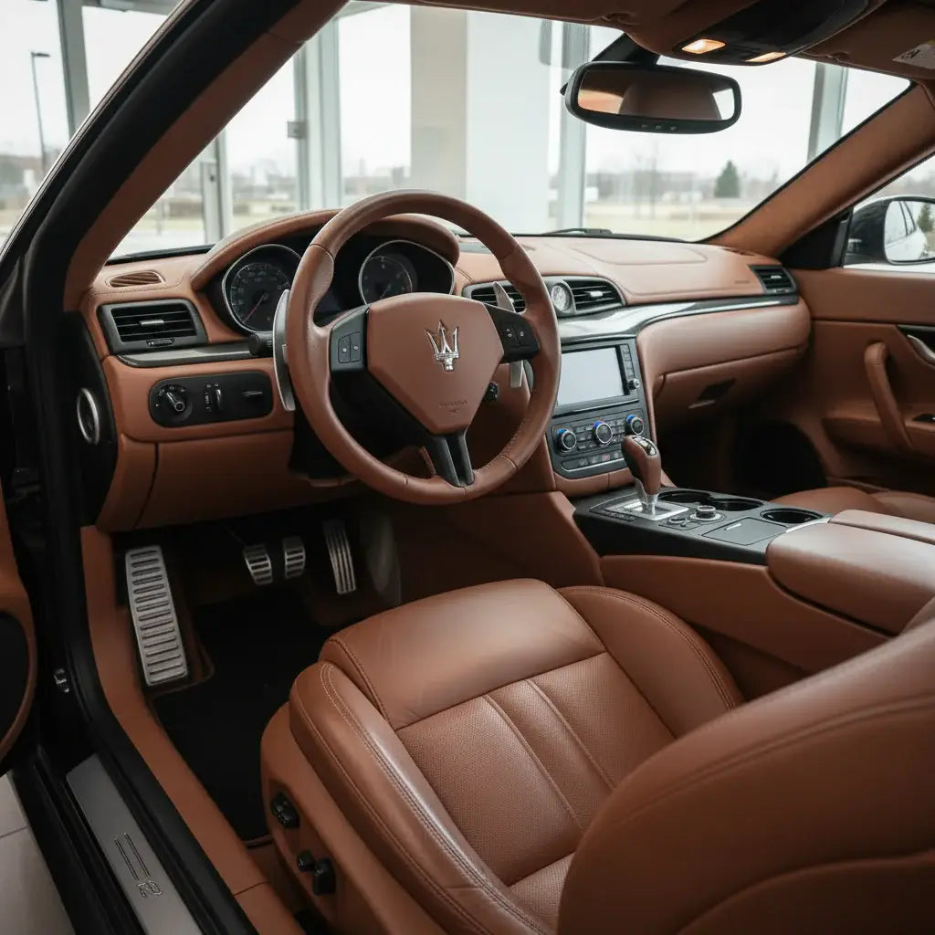 Luxury car interior with brown leather seats and steering wheel, featuring a Maserati logo. LeTech leather repair