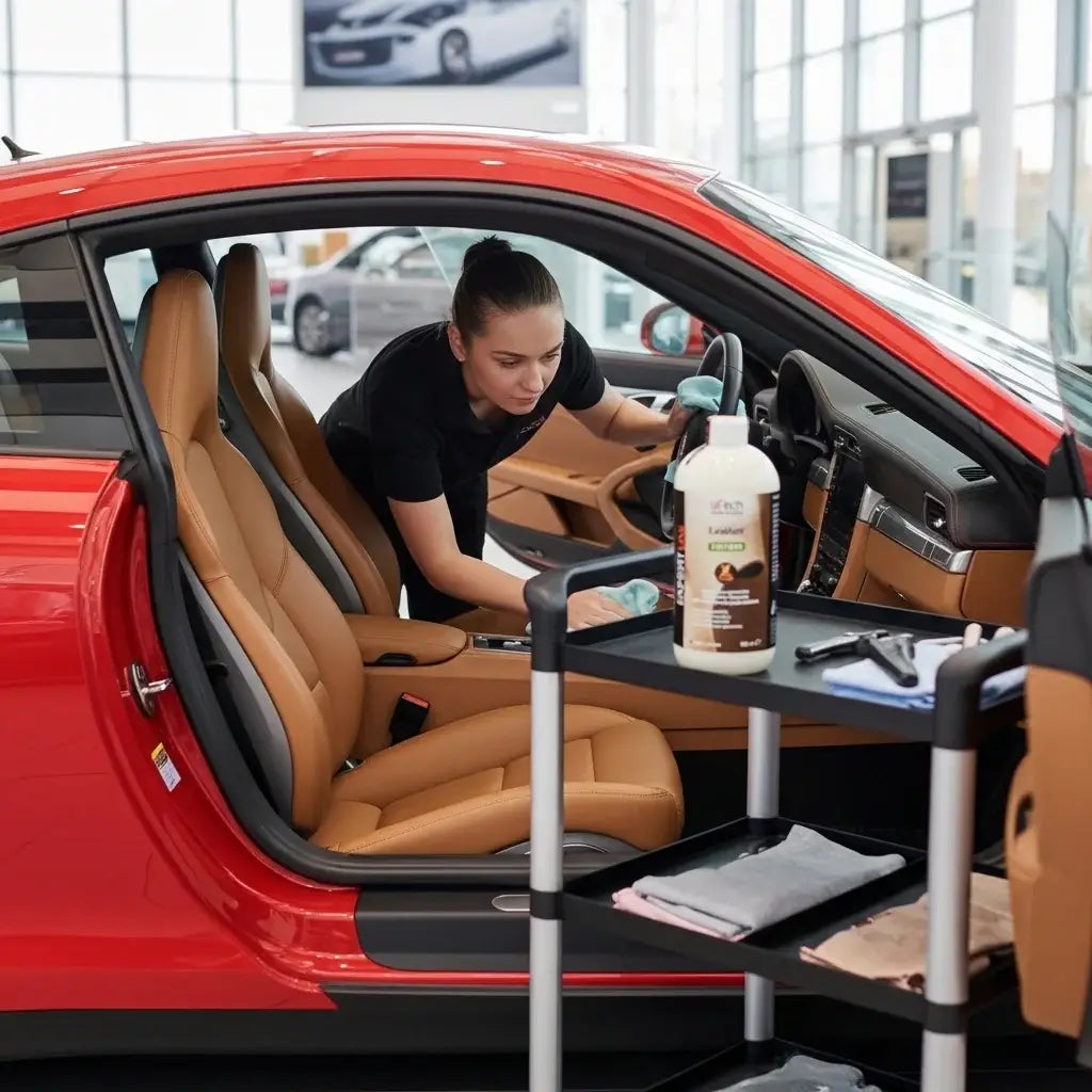 Person cleaning a car interior with a bottle of Letech leather cleaning solution in a showroom setting. LeTech leather repair