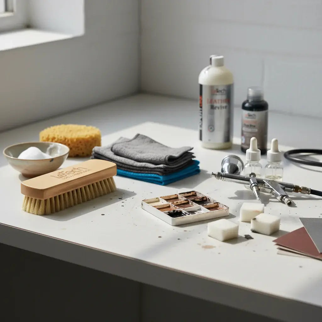 Cleaning supplies including a brush, sponges, and bottles on a light surface. LeTech leather repair