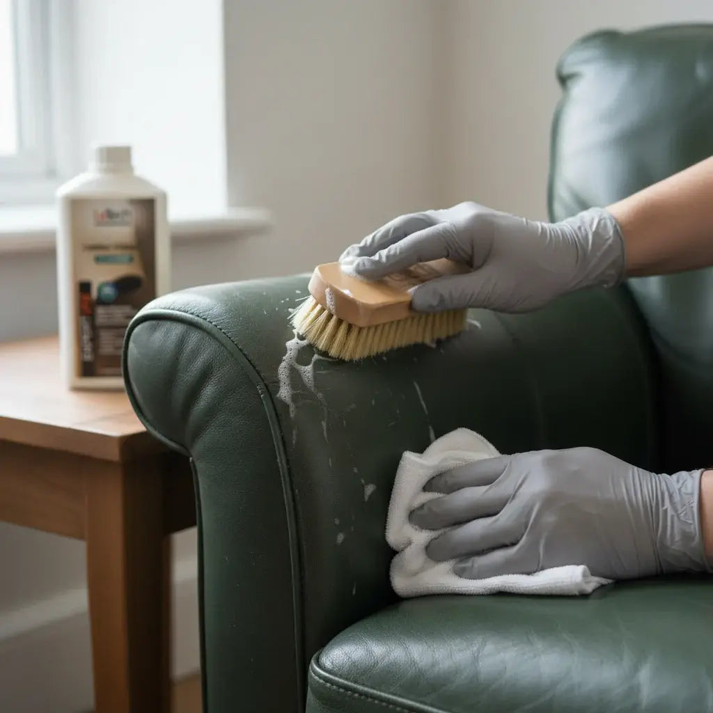Person cleaning a green leather sofa with a brush and cloth, with a bottle of cleaning solution in the background. LeTech leather repair