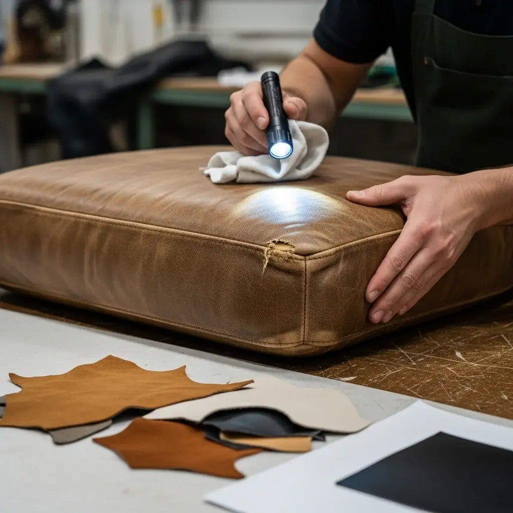 Person inspecting a brown leather cushion with a flashlight, surrounded by leather samples on a table. LeTech leather repair