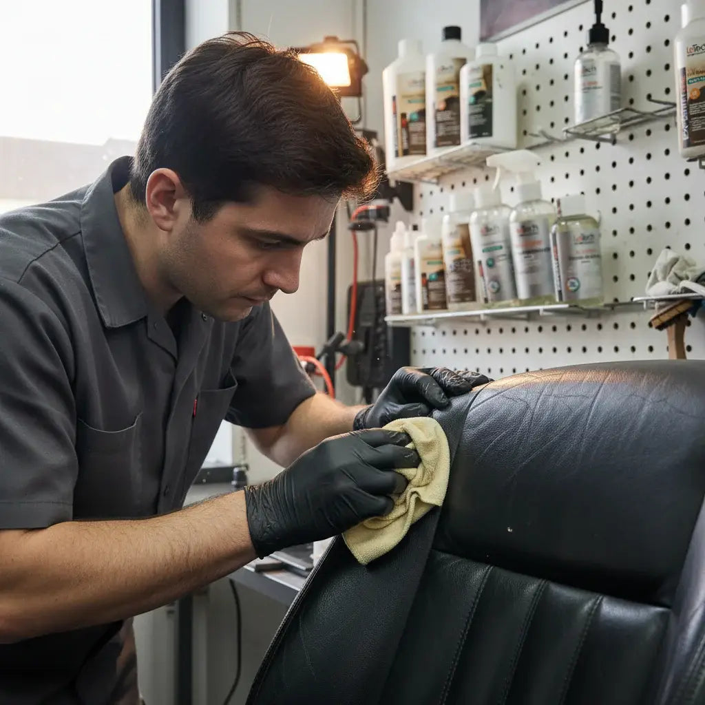 Person cleaning a black leather surface with a yellow cloth in a workshop . LeTech leather repair