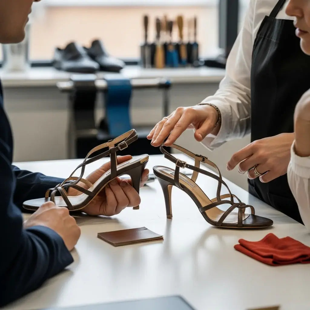 Person bringing high-heeled shoes to a leather restoration store