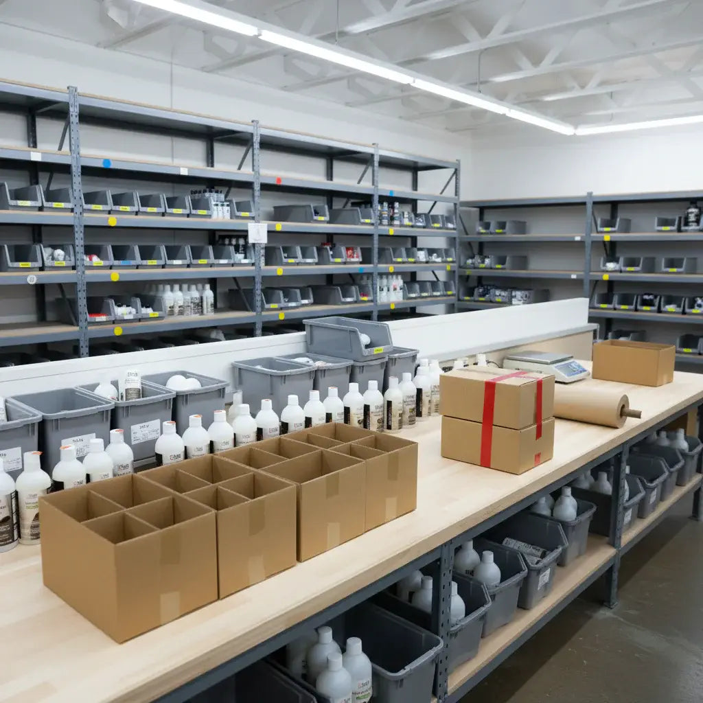 Storage room with shelves, boxes, and bottles on a table. LeTech wholesale leather repair products