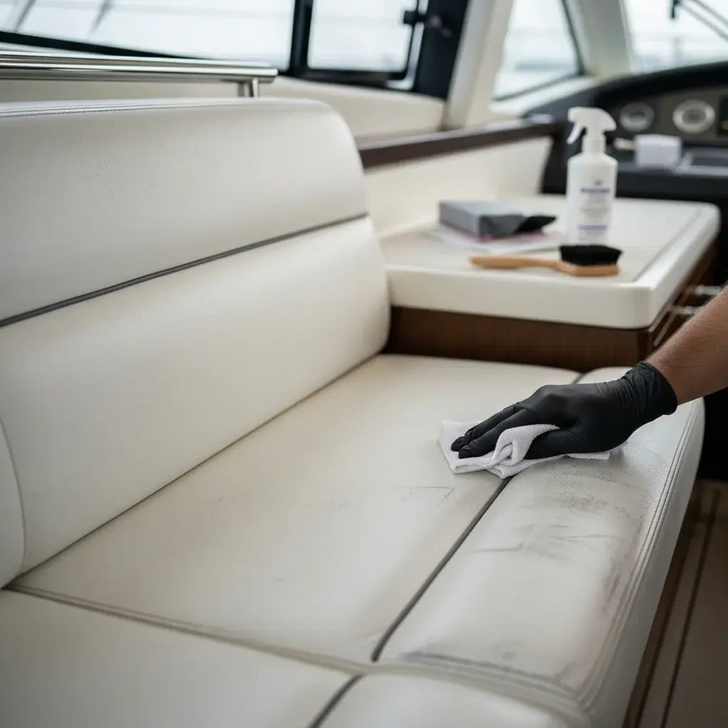 Person cleaning a white leather sofa on a boat with cleaning supplies. LeTech leather repair for boats