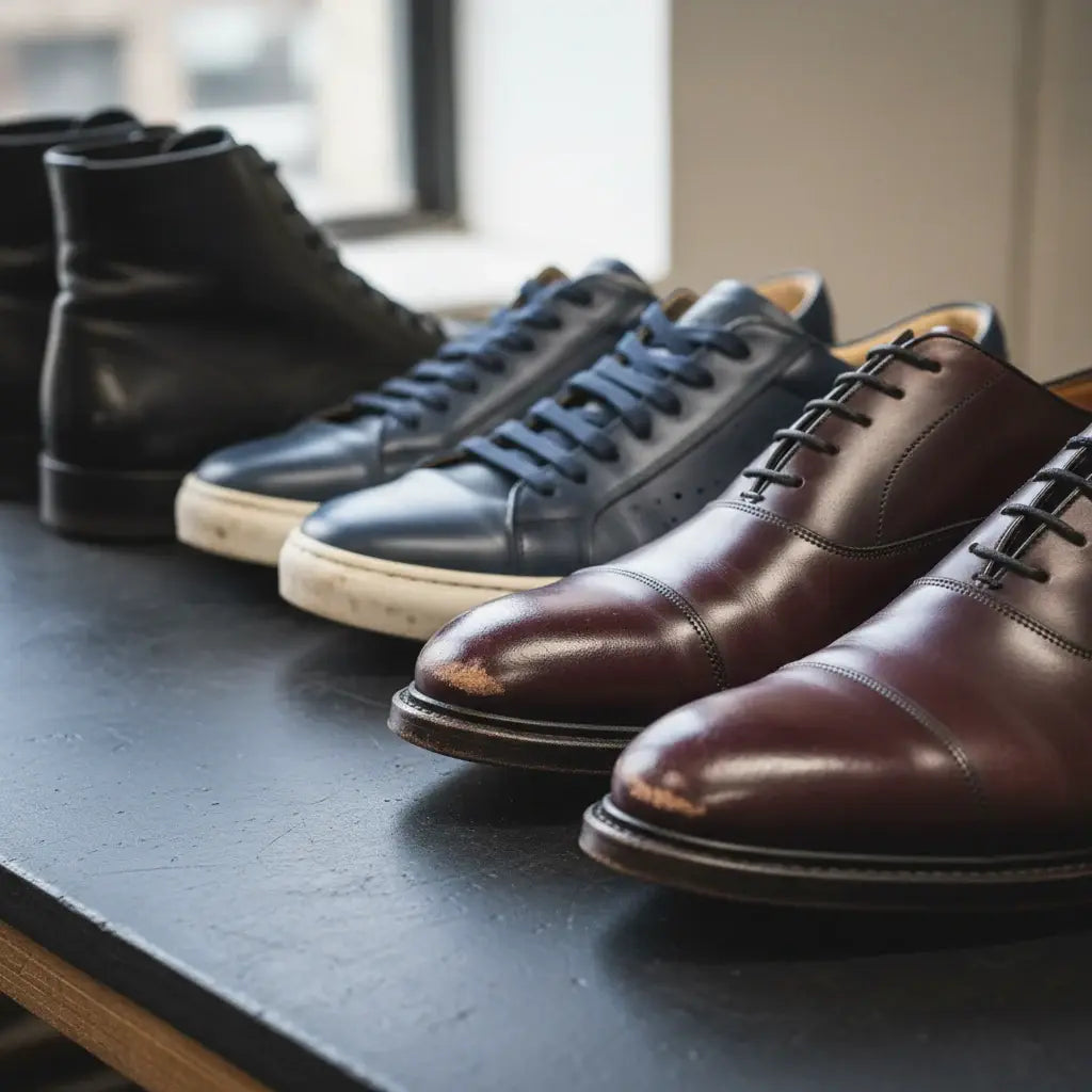 Row of leather shoes on a dark surface with a blurred background that need repair. LeTech leather repair