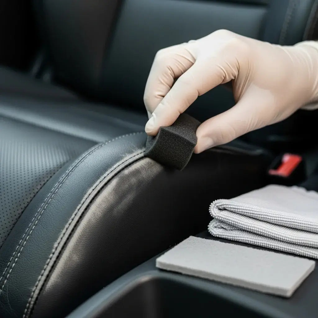 Person cleaning car interior with a sponge and cloth. LeTech leather repair