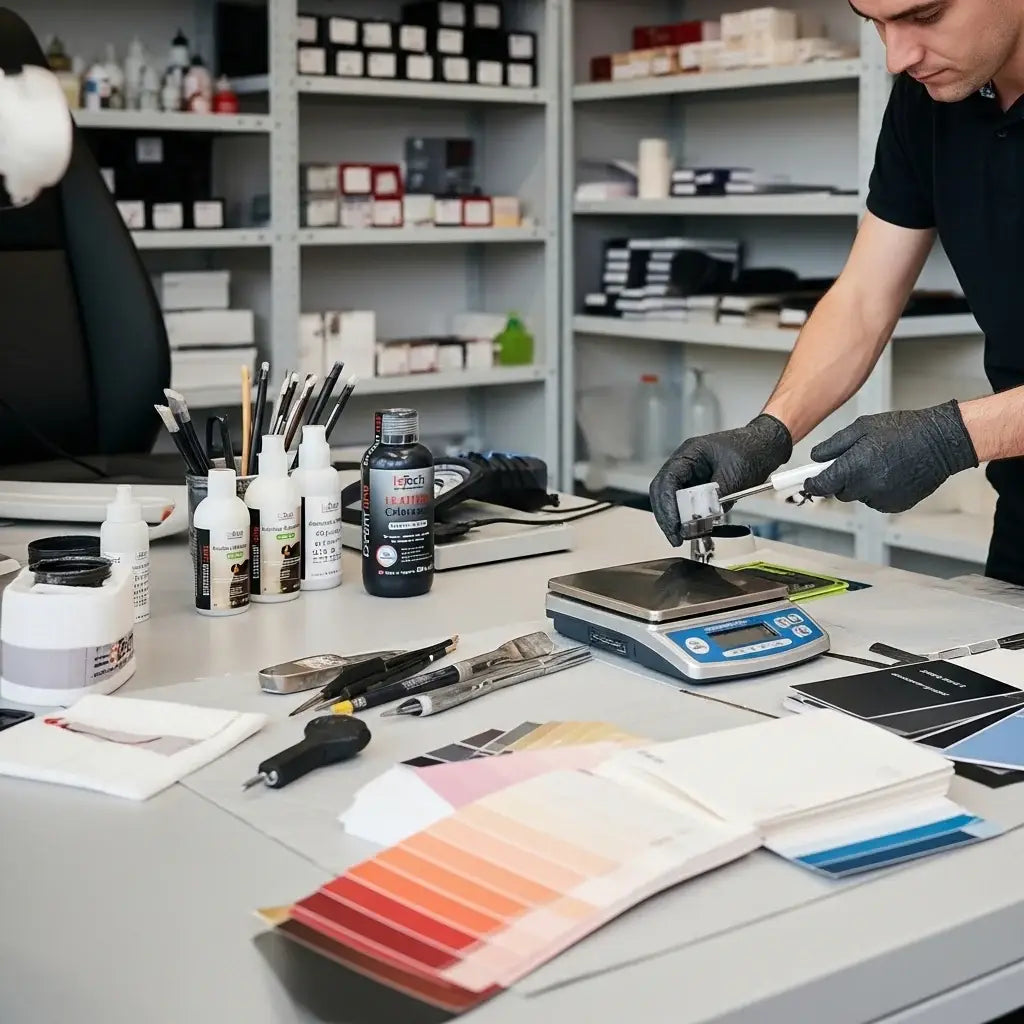 Person working with color swatches and tools in a leather workshop setting. LeTech leather repair