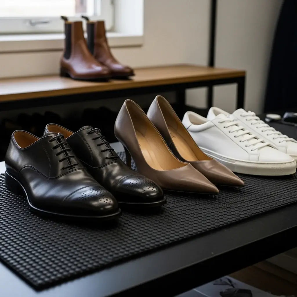 Collection of formal shoes including black dress shoes, brown high heels, and white sneakers on a black surface.