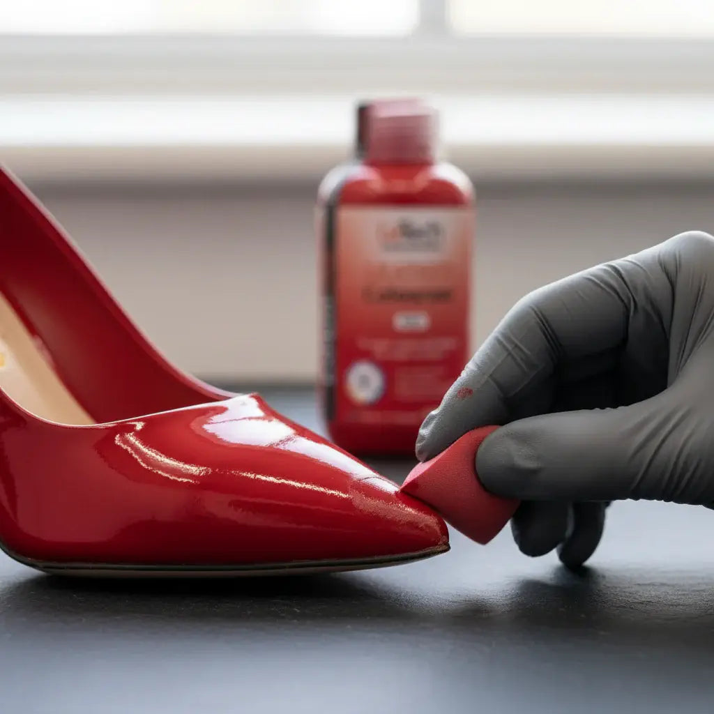 Red high-heeled shoe being treated with a leather colorant bottle in the background.