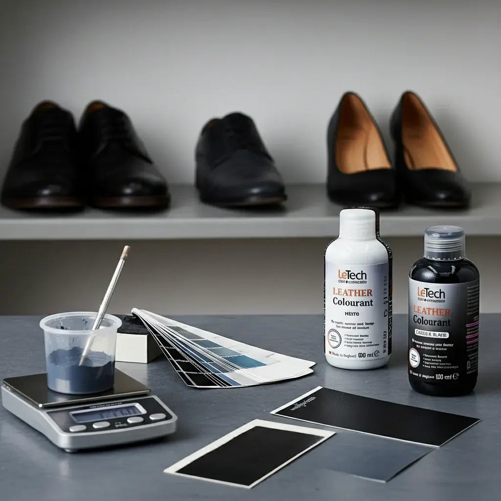 Letech Leather care products and tools on a table with shoes in the background