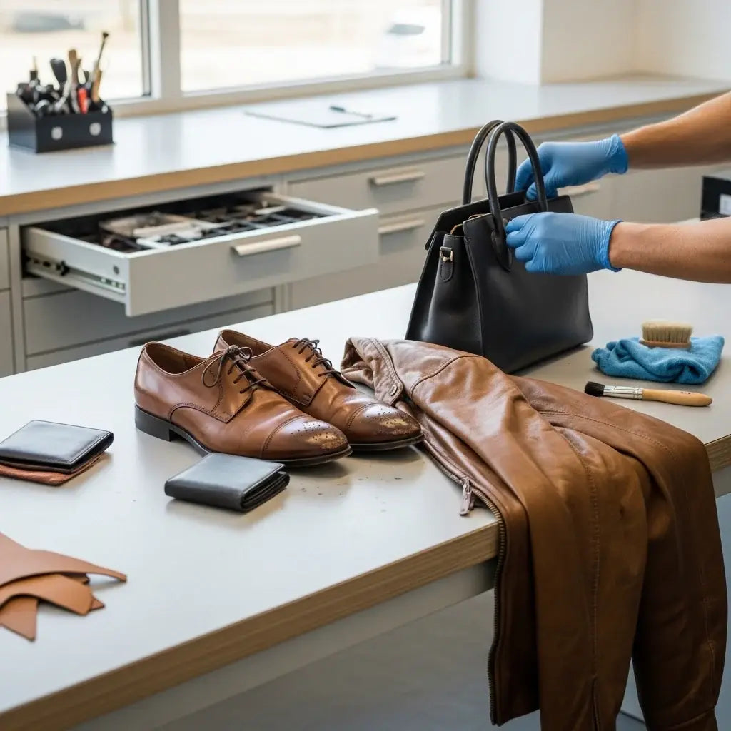 Person handling leather items including shoes, jacket, and handbag on a kitchen counter. LeTech leather repair
