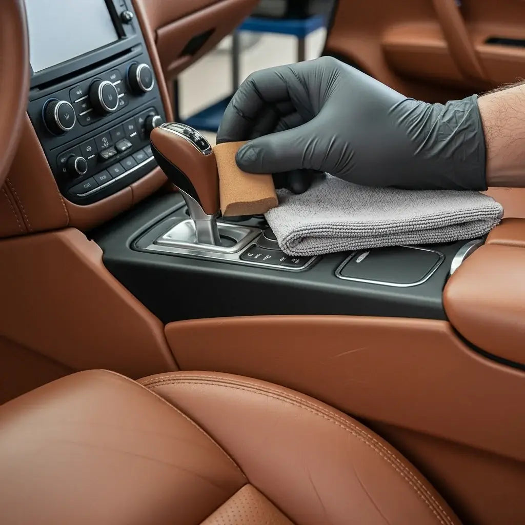 Person cleaning car interior with a cloth and sponge. LeTech leather repair