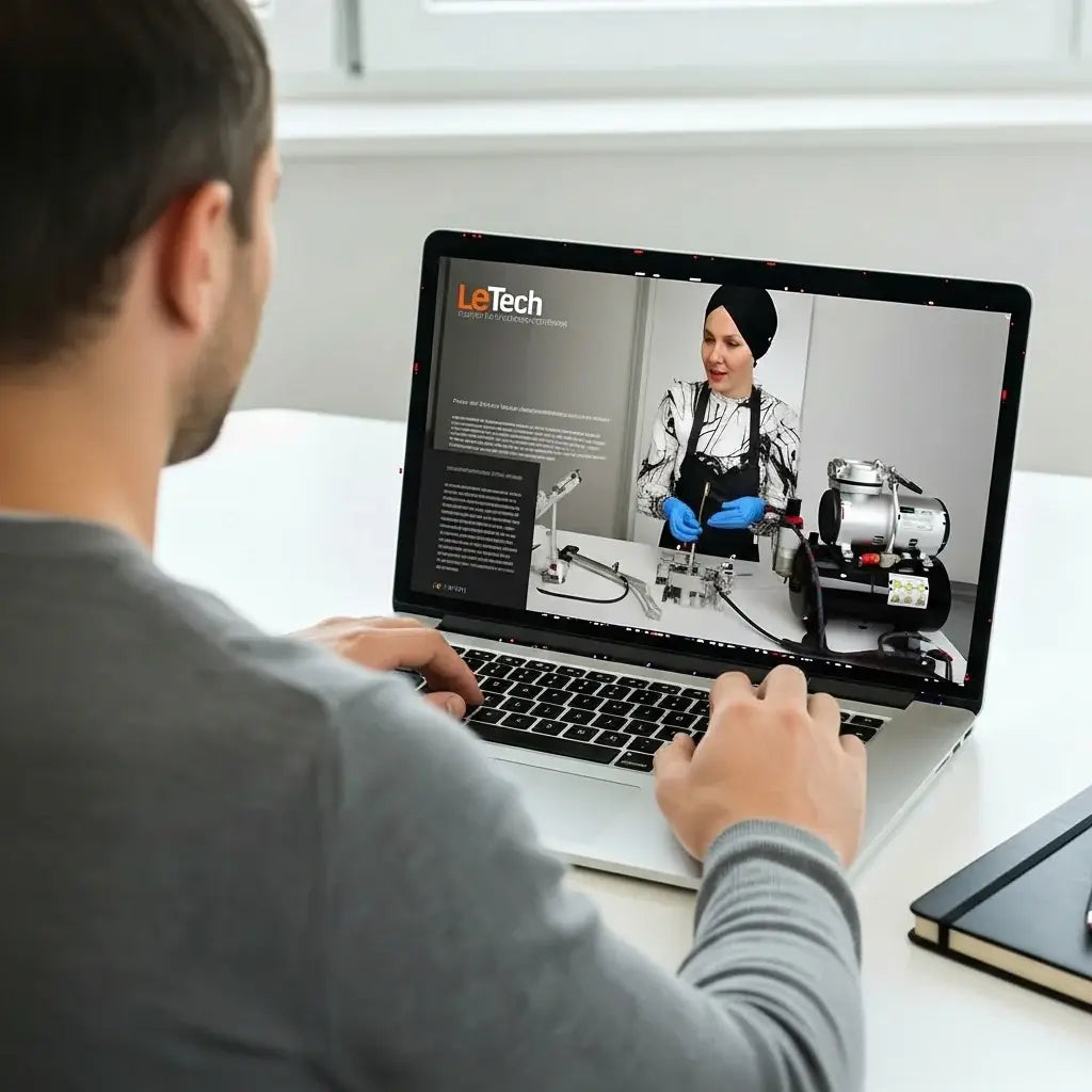 Person using a laptop with a video call on the screen featuring a woman in a LeTech leather repair online classes 
