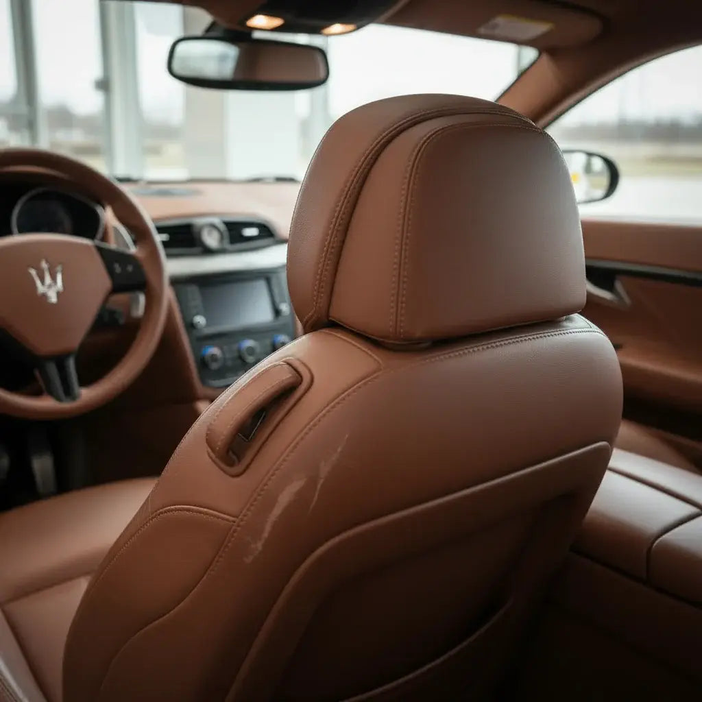 Close-up of a car's brown leather interior with steering wheel and dashboard. LeTech leather repair