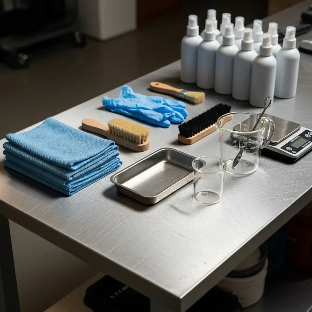 Leather Cleaning supplies including bottles, gloves, brushes, and cloths on a table.
