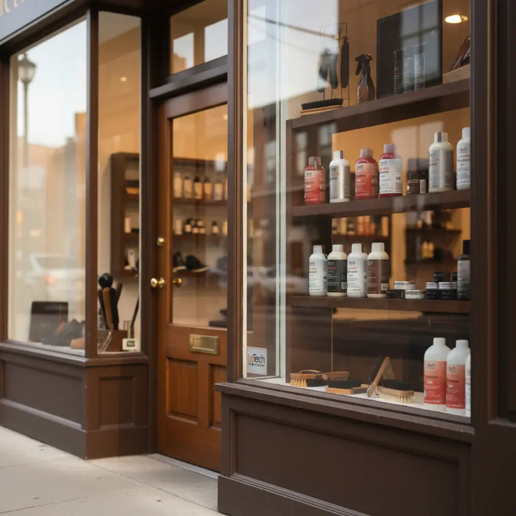 Storefront with glass display case showing leather care products. LeTech leather repair certified retailer