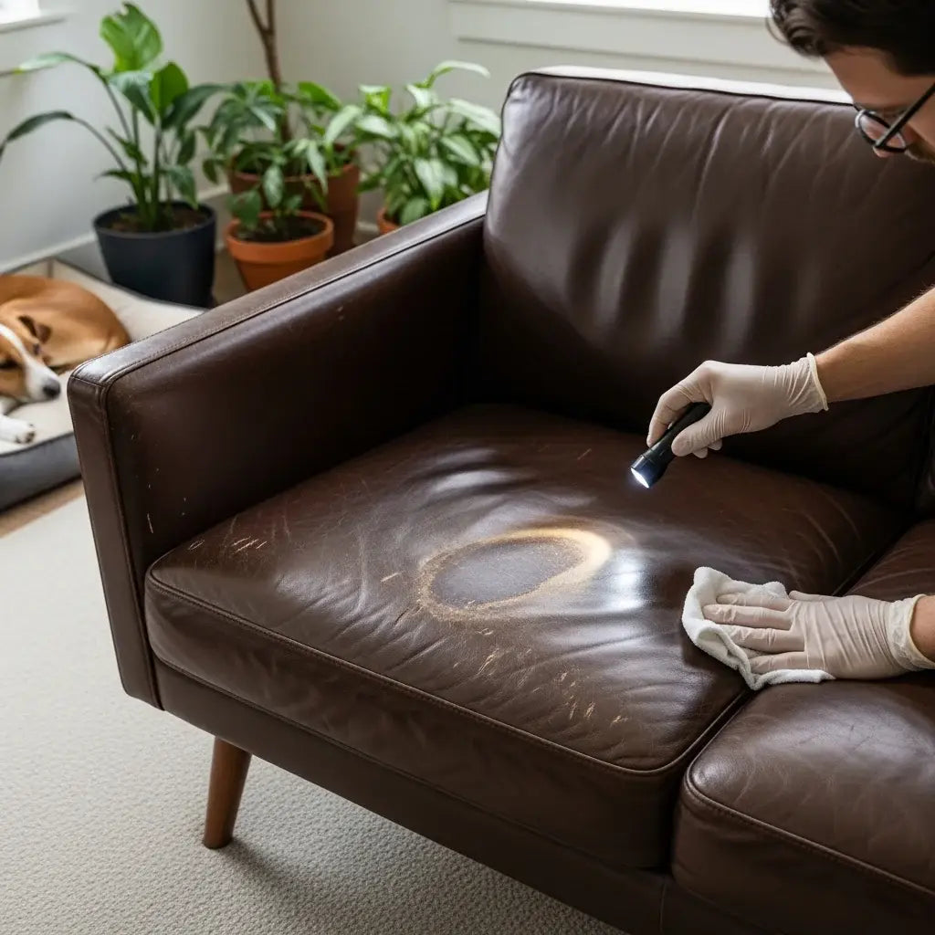 Person cleaning a brown leather sofa with a dog and plants in the background. LeTech leather repair