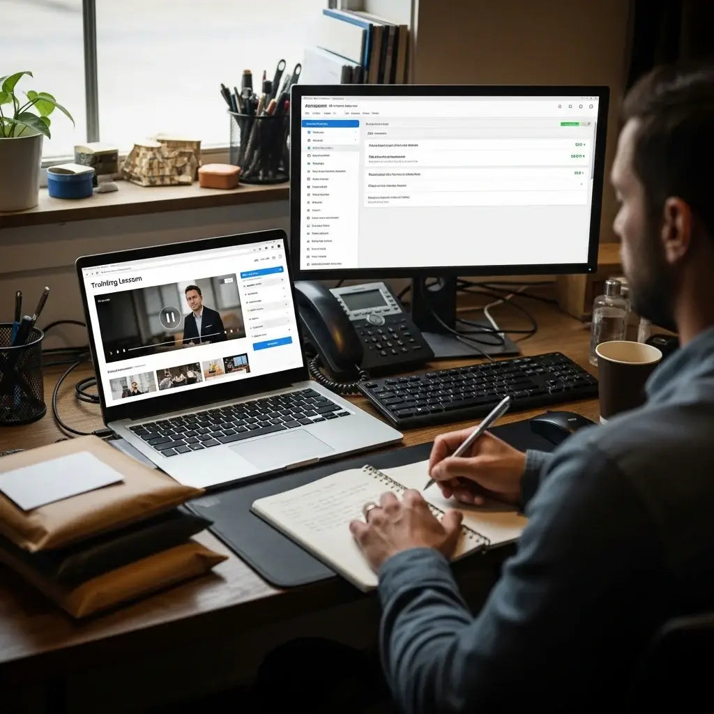 Person working at a desk with multiple computer monitors and a notebook. LeTech leather repair