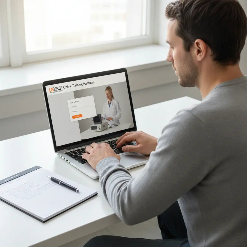 Man using a laptop on an online training platform in a bright room. LeTech leather repair