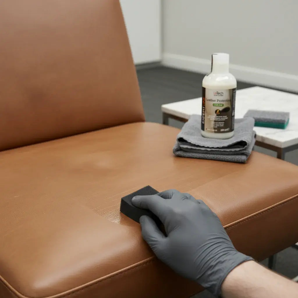 Person cleaning a brown leather chair with a gloved hand using a sponge and a bottle of cleaning solution. LeTech leather repair